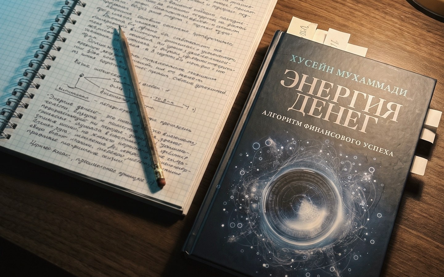 Стол ученика курса: раскрытый конспект, карандаш и книга «Энергия денег» под лампой